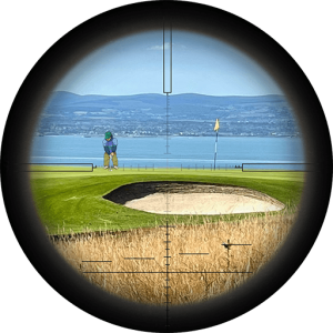 View through a telescopic eyepiece of a gorilla playing golf. foozle